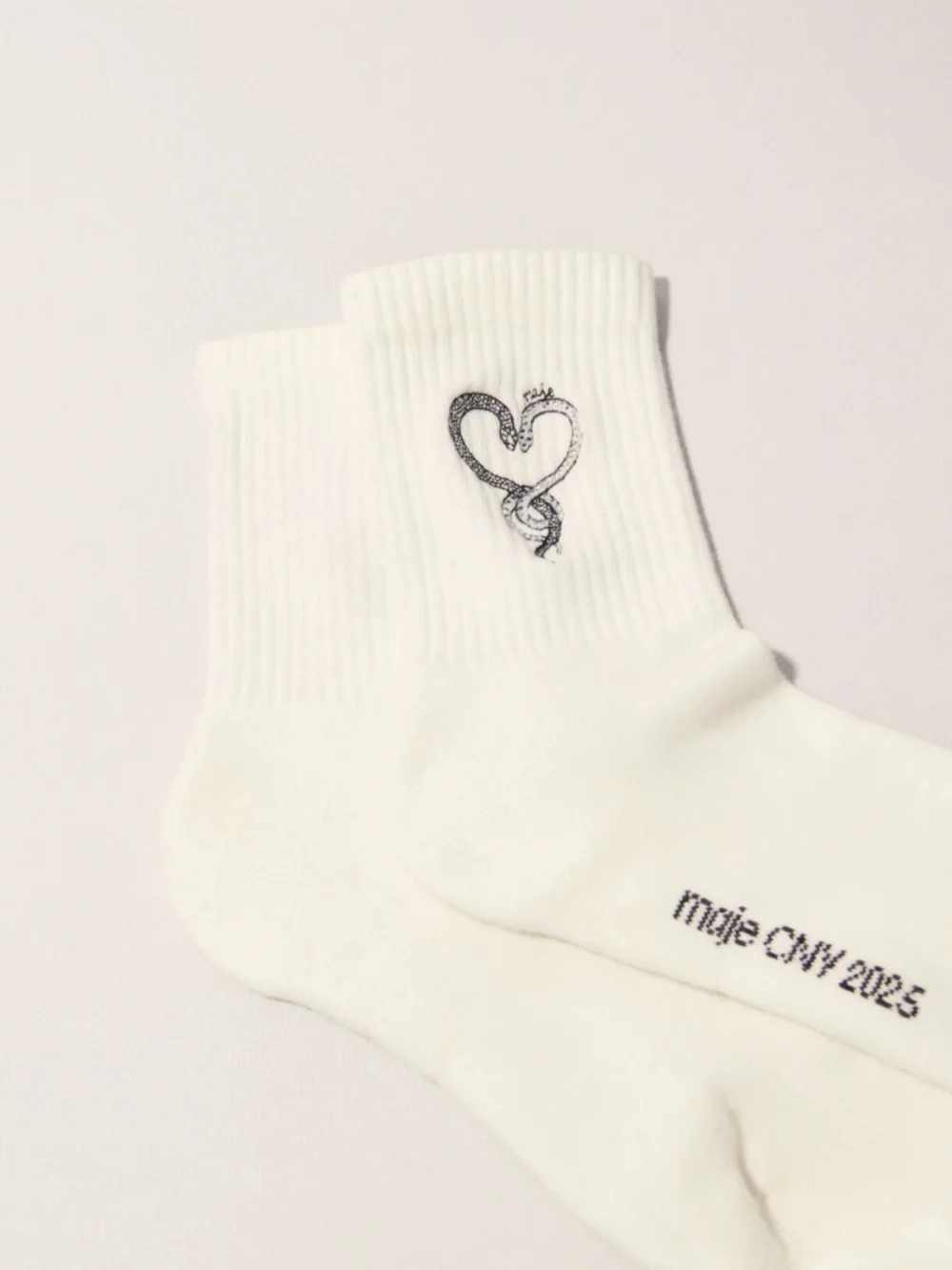 Maje Rhinestone Crystal Heart Snake High Ribbed White Cotton Socks NEW